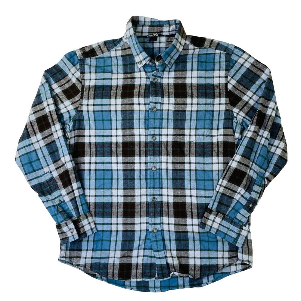 Eddie Bauer Mens Flannel Shirt Medium Blue Black White Plaid Button Down L/S